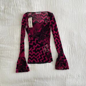 NWT Northland Printed Black & Pink Long Sleeve Blouse (sz )